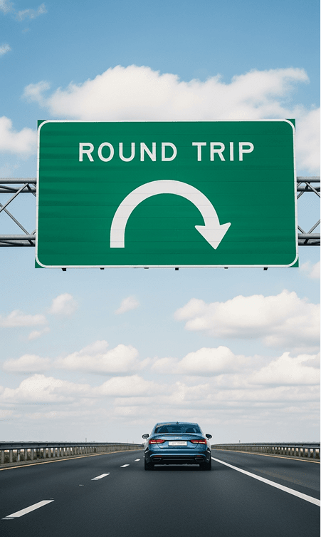 Highway with ROUND TRIP sign